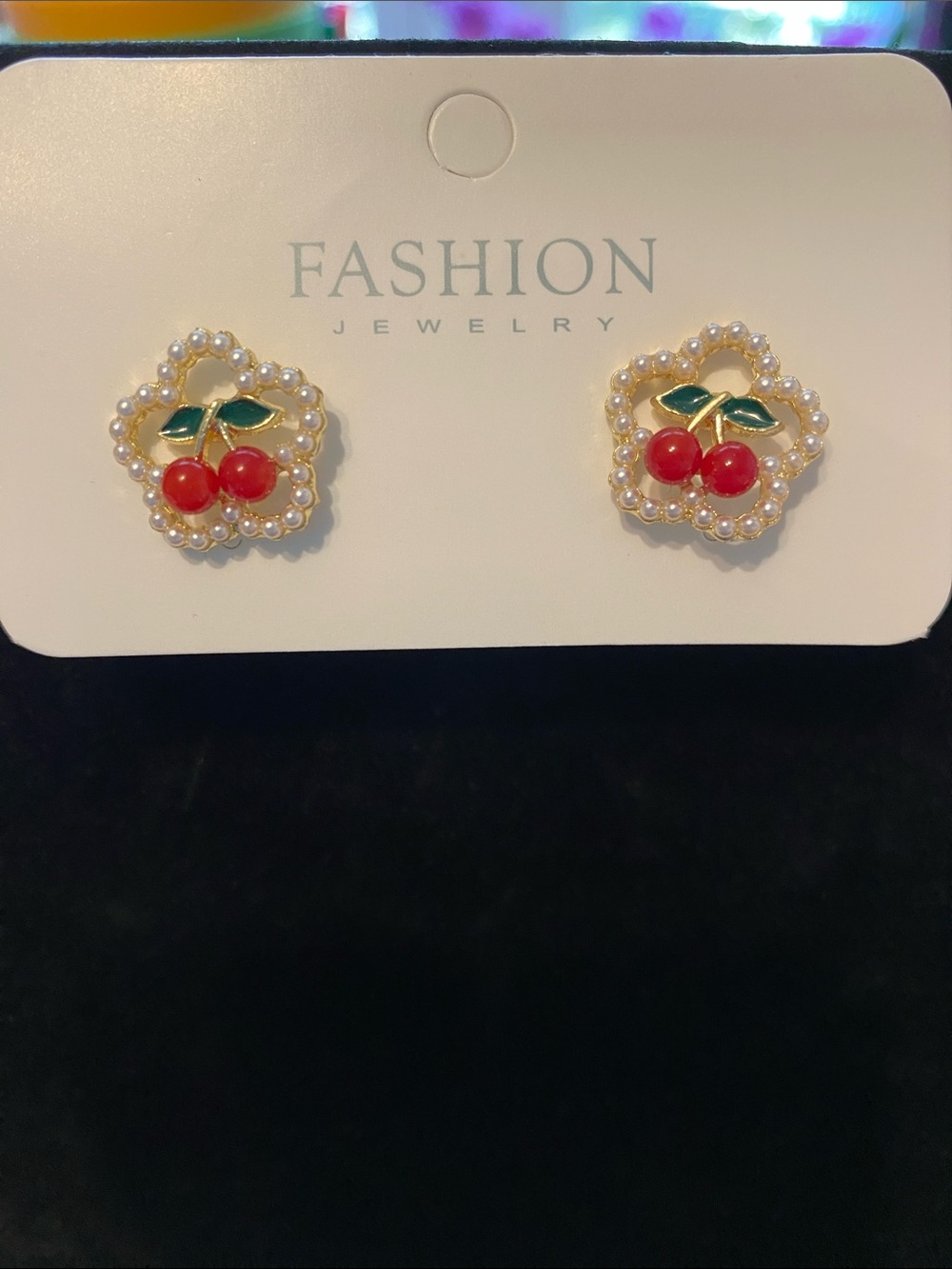 Fashion Jewelry Pearl-Trim Cherry Stud Earrings in Red and Green